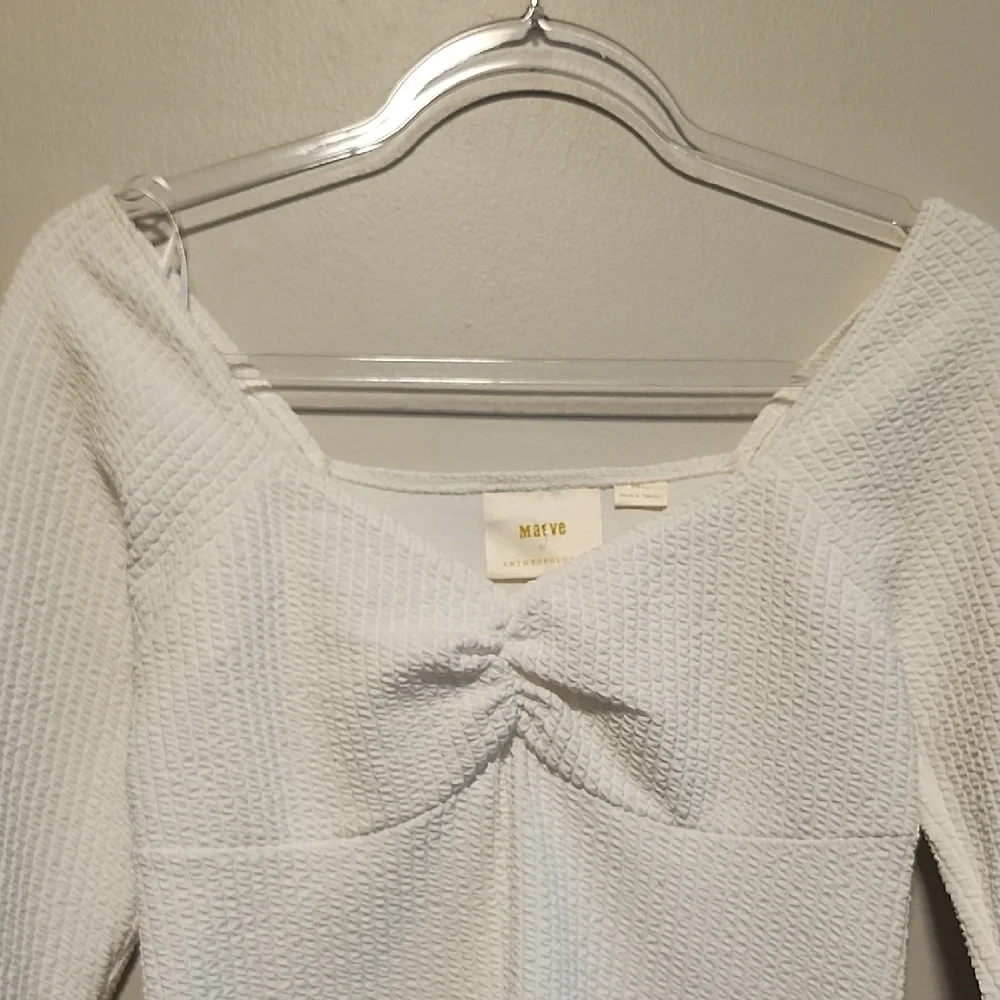 Anthropologie Maeve White Long Sleeve Top with Sweetheart Twist Detail Neckline
